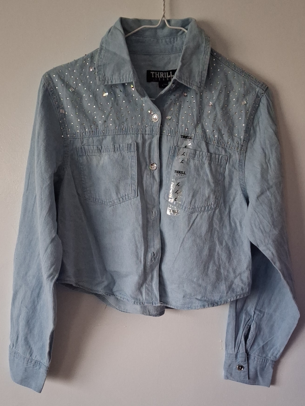 Thrill Light Blue Crystal-Stud Denim Jacket